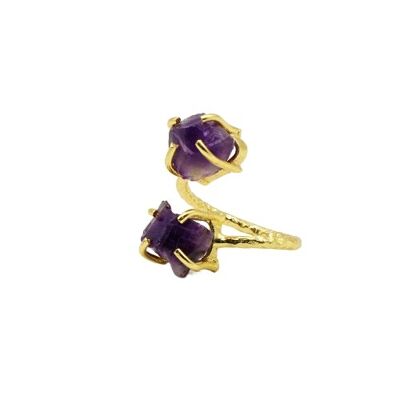 Women's gold ring, adjustable with natural stones: Amethysts.  	Hand made.   Imitation jewelry.   Weddings, guests.