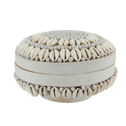 BOITE EN BAMBOU ORNÉE DE COQUILLAGES BLANCS DIAMETRE 16CMX9.5CM KOLOA