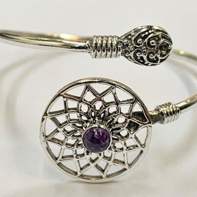 Silver Plated Adjustable  Dreamcatcher Cuff Bangle, Amethyst