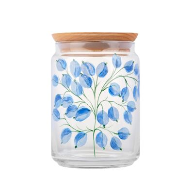Hand painted glass jar 1L with wooden lid - Blue Wisteria