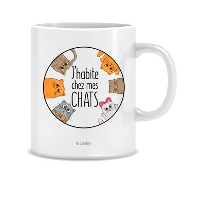 Tasse „Ich lebe mit meinen Katzen“ – in Frankreich dekorierte Tasse – humorvolle Geschenktasse