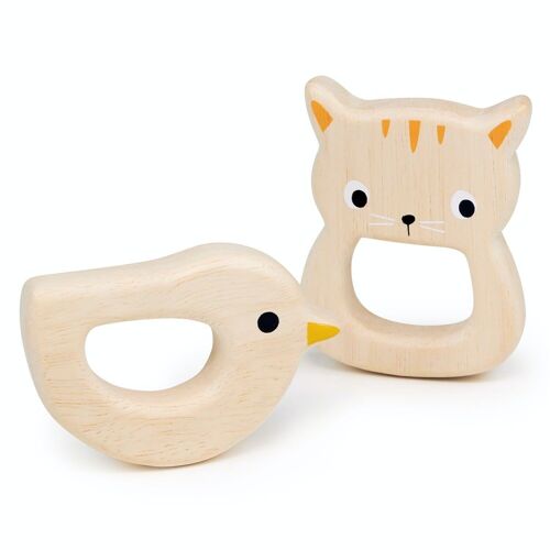 Mentari Wooden Toy Bird & Kitten Teethers For Kids