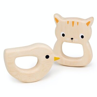 Mentari Holzspielzeug-Vogel- und Kätzchen-Beißringe für Kinder