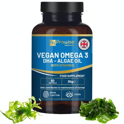 Prowise Vegan Omega-3 DHA da olio di alghe | 60 capsule molli con vitamina E