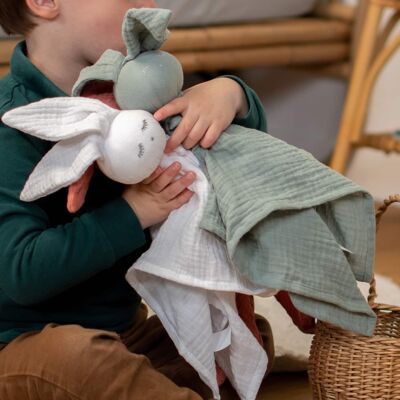 Doudou plat Lapin personnalisable, fabriqué à la main Vert de gris, Made in France