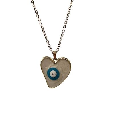 Evil Eye Pendant With Gold Chain, Heart, White