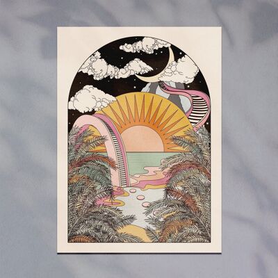 Kunstdruck „The Best View“ im Retro-Boho-Stil bei Sonnenaufgang und Sonnenuntergang