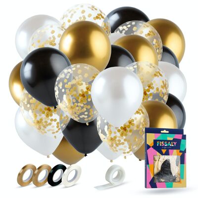 Fissaly® 40 pcs Gold, Black & White Helium Balloons with Ribbon – Embellishment Decoration – Paper Confetti – Latex