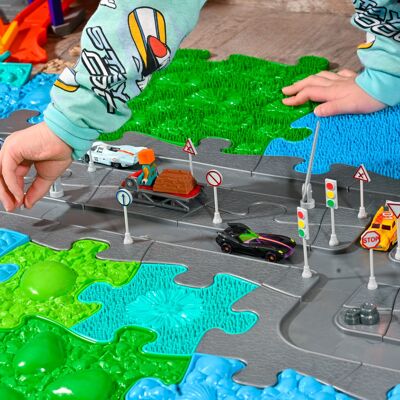 Tappetini da gioco, neonati, bambini, giocattolo sensoriale - Set di piste magnetiche per auto Muffik