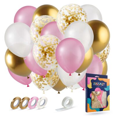 Fissaly® 40 Pieces Gold, Cream White, Pink & Paper Confetti Gold Latex Balloons with Accessories – Helium - Decoration – Wedding & Wedding