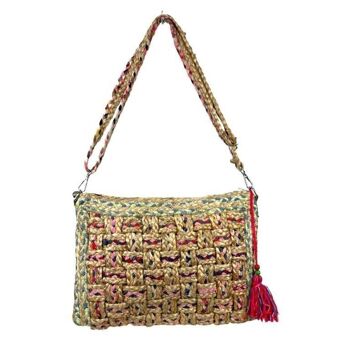 Sac à bandoulière pour femme en jute fait à la main avec pompon décoratif 1