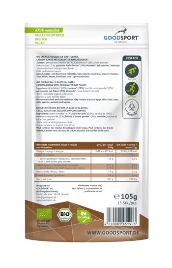 Boules BIO énergie, cajou cacao, aux flocons d'avoine germée, 105g 2