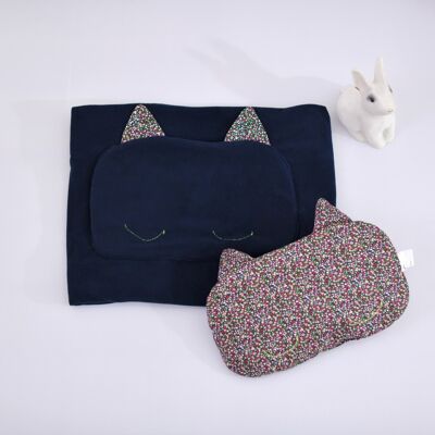 Kit coperta blu navy e cuscino floreale