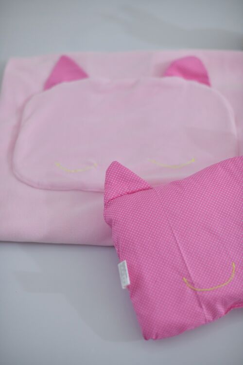 Kit couverture rose et oreiller pois/rose