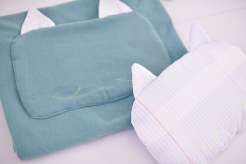 Kit couverture vert et oreiller écolier/blanc