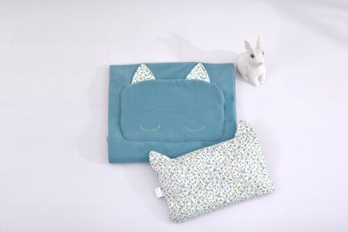 Kit couverture vert et oreiller fleurs/blanc