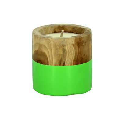 BOUGIE AVEC POT EN TECK AVEC MOITIÉ PEINT EN VERT DIAMETRE 20XHT20CM SIBU