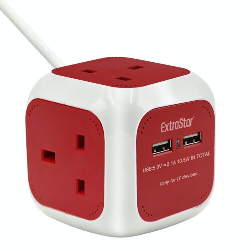 4 Gang Cube Extension Lead with 2 USB Ports 1.4m Red (KF-ESB-04UR)
