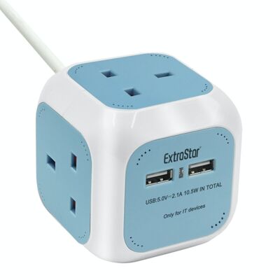 4 Gang Cube Extension Lead with 2 USB Ports 1.4m Blue (KF-ESB-04UBL)