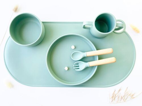 Set repas pour bébé | Vaisselle bébé en silicone | Cadeau de naissance | Assiette bébé bleu ciel