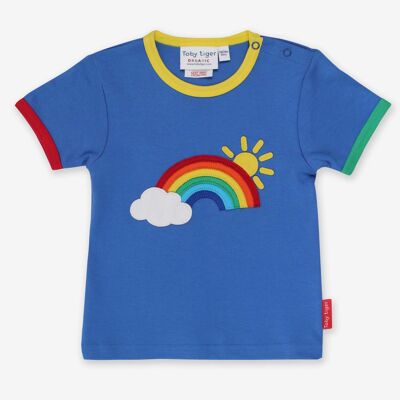 Camiseta orgánica con aplicación de nubes y sol arcoíris