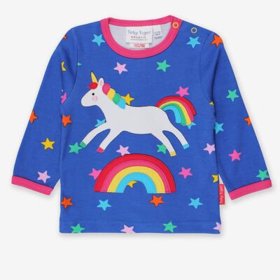 Camiseta orgánica con aplicación de unicornio arcoíris