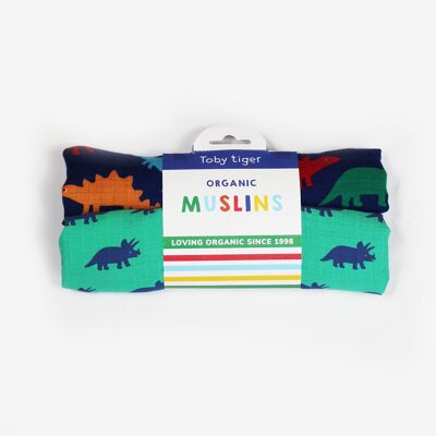 Pack de 2 muselinas orgánicas con estampado de dinosaurio arcoíris