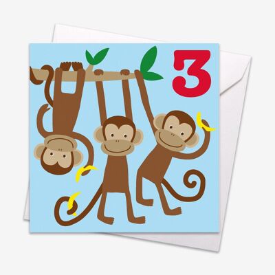 Tarjeta de cumpleaños de monos de 3 años