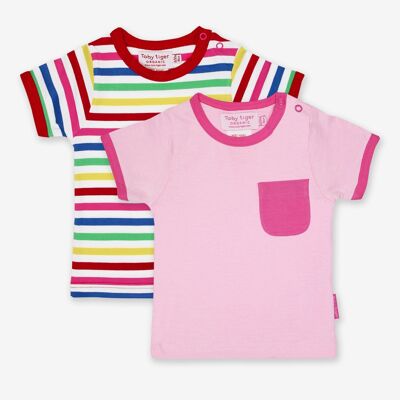 Confezione da 2 t-shirt a righe multiple rosa organico