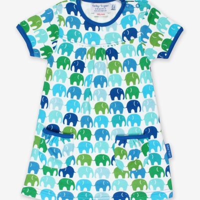 Bio-Kleid mit blauem Elefantenmuster