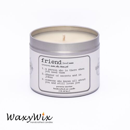 Friend, Noun, definition. Candle gift for friends. Strong scented handmade soy wax candle. Cute gift for your friend.