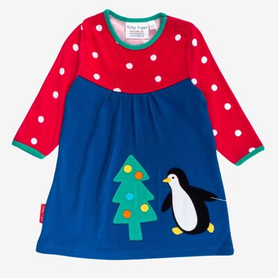 Bio-T-Shirt-Kleid mit weihnachtlicher Pinguin-Applikation