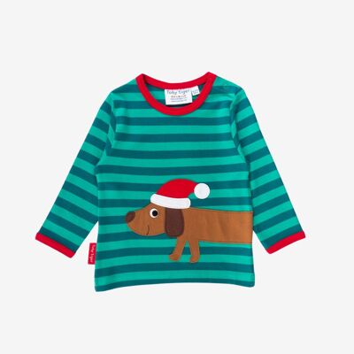 Camiseta orgánica con aplicación de perro navideño