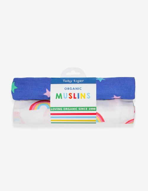 Organic Multi Star and Rainbow Print Muslin 2-Pack