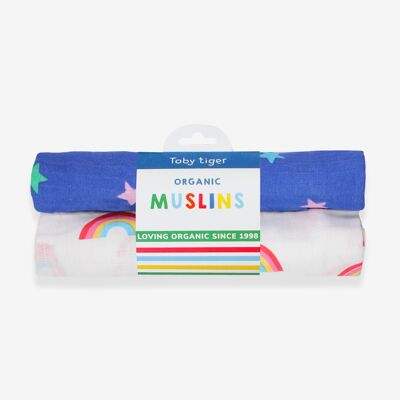 Organic Multi Star and Rainbow Print Muslin 2-Pack