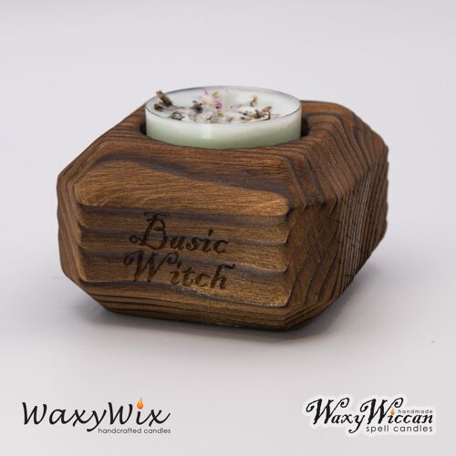 Candle holder for Witches. Handmade engraved Wiccan wooden tea light holder. Tealight holder for ritual candles.