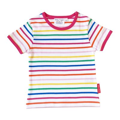 T-shirt organica a righe arcobaleno rosa