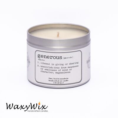 Generous. Dictionary candle. Candle gift. Handmade soy wax candle. Slogan candle. Motivational candle. Inspirational candle. Birthday gift.