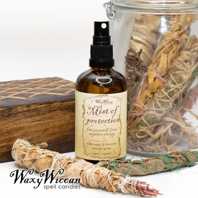 Mist of protection. essential oil cleansing room spray. Wiccan protection smudge spray to banish negative energy. White sage and lavender.