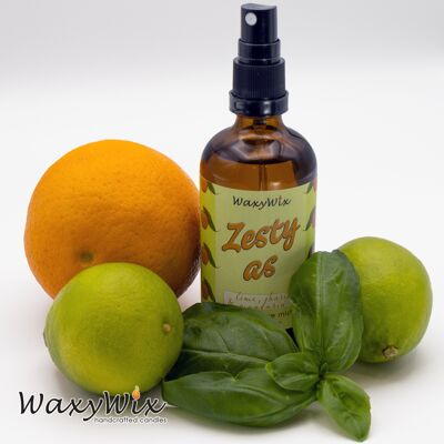 Spray d'ambiance rafraîchissant. Zesty AS. Spray d'ambiance citron vert, basilic et mandarine. Parfum d'ambiance aux huiles essentielles. Brume d'ambiance
