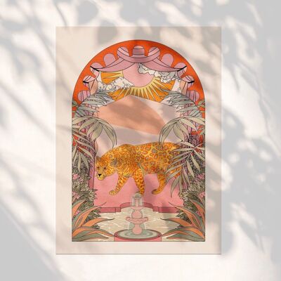 Jaguar' Animal Retro Boho Estilo Botánico Sol Lámina artística