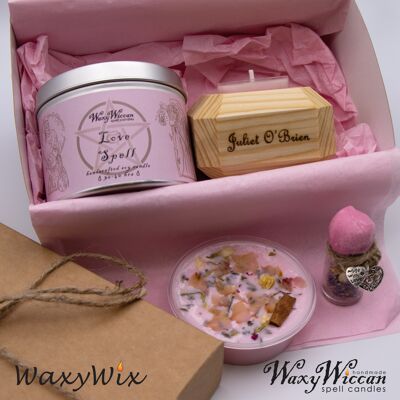 Wiccan gift set. Large spell candle, wax melt, spell jar and handmade personalized wooden holder with tea light.  Witch sets. Witch gifts.