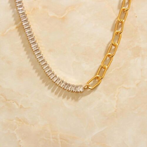 Half Crystal Half Chain Toggle Necklace