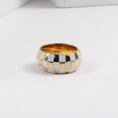 Sofia - White & Gold Check Dome Ring
