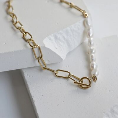 Beaux - Collar de cadena con medio eslabón y media perla