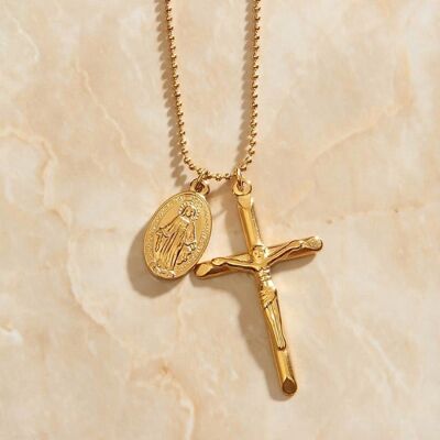 Mother Mary Medal & Cross Charm Pendant Necklace