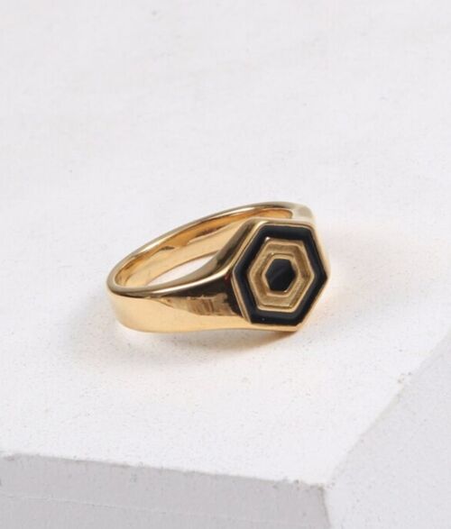 Mael - Geometric Hexagon Black Gold Signet Ring