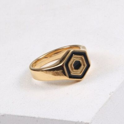 Mael - Geometric Hexagon Black Gold Signet Ring