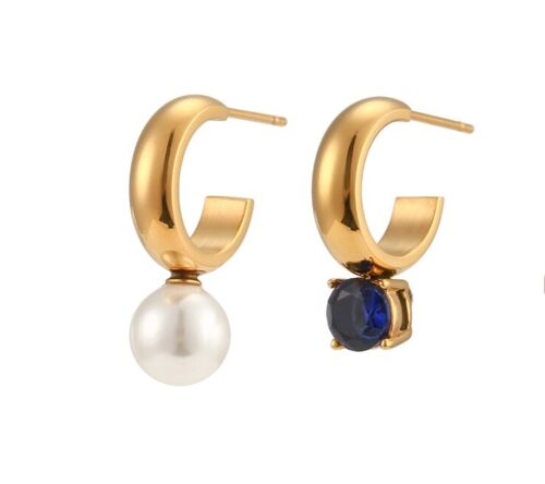 Mar - Asymmetrical Pearl & Crystal Huggie Earrings