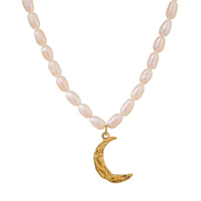 Taletha - Crescent Gold Moon Natural Pearl Charm Necklace